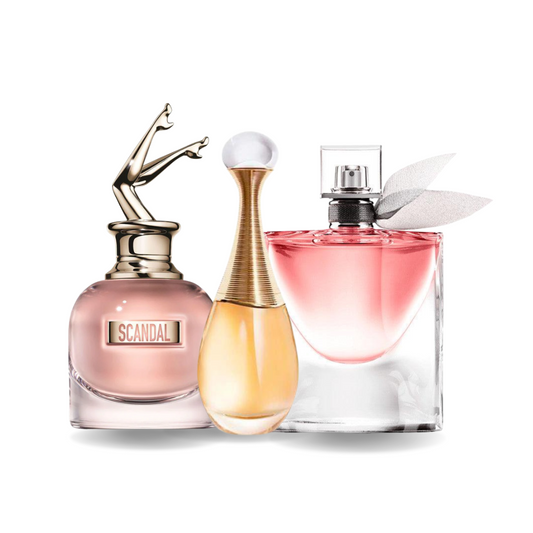 KIT 3 Perfumes: Jean Paul Gaultier SCANDAL, Dior J'ADORE y Lancôme LA VIE EST BELLE (Eau de Parfum)