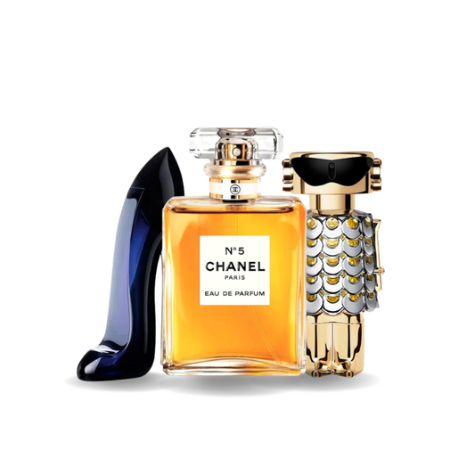 Kit de 3 Perfumes: Carolina Herrera GOOD GIRL, Chanel Nº5 y Paco Rabanne FAME